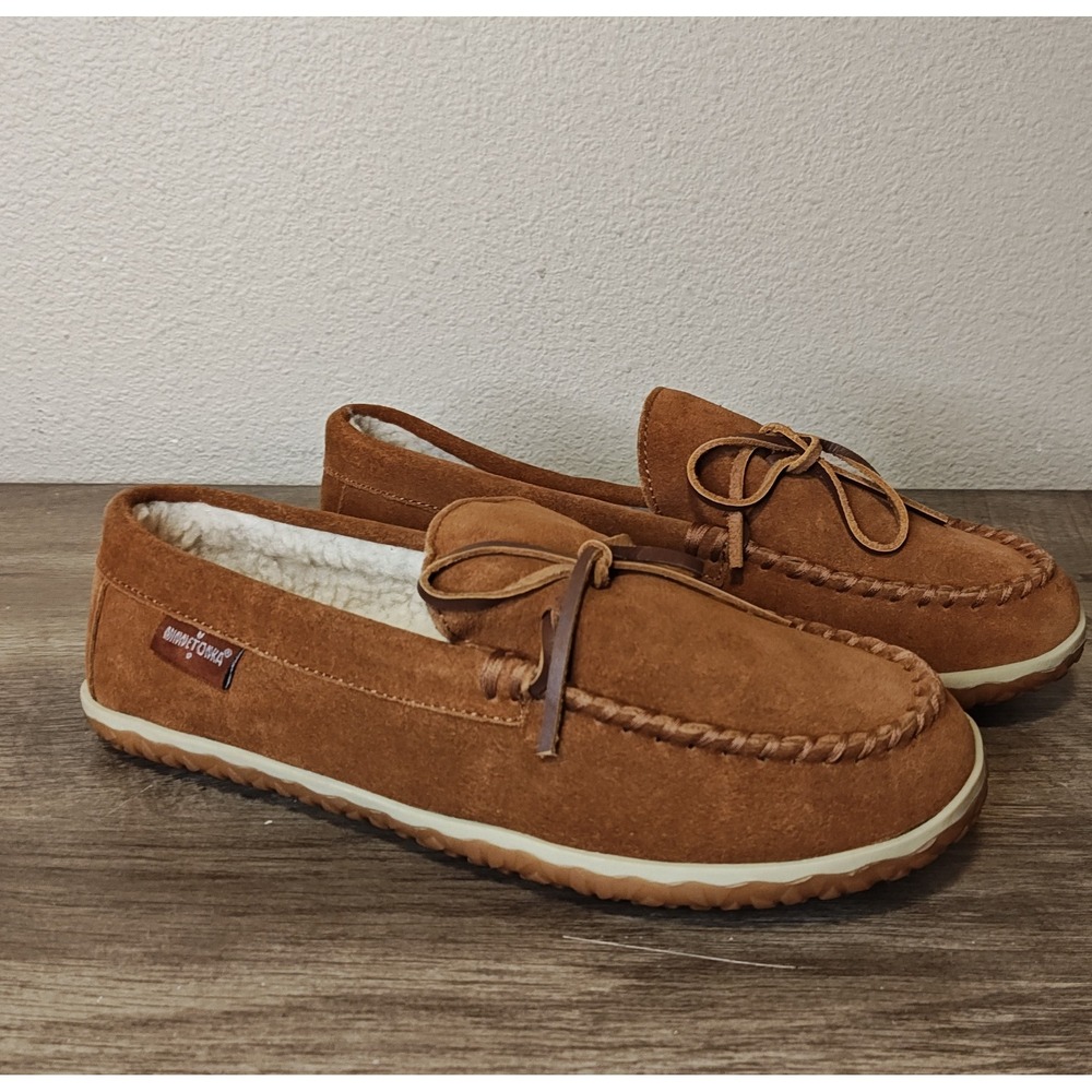 Minnetonka Casey Slipper Mens 9 Brown Suede Faux Fur Lined Moc Toe 41032